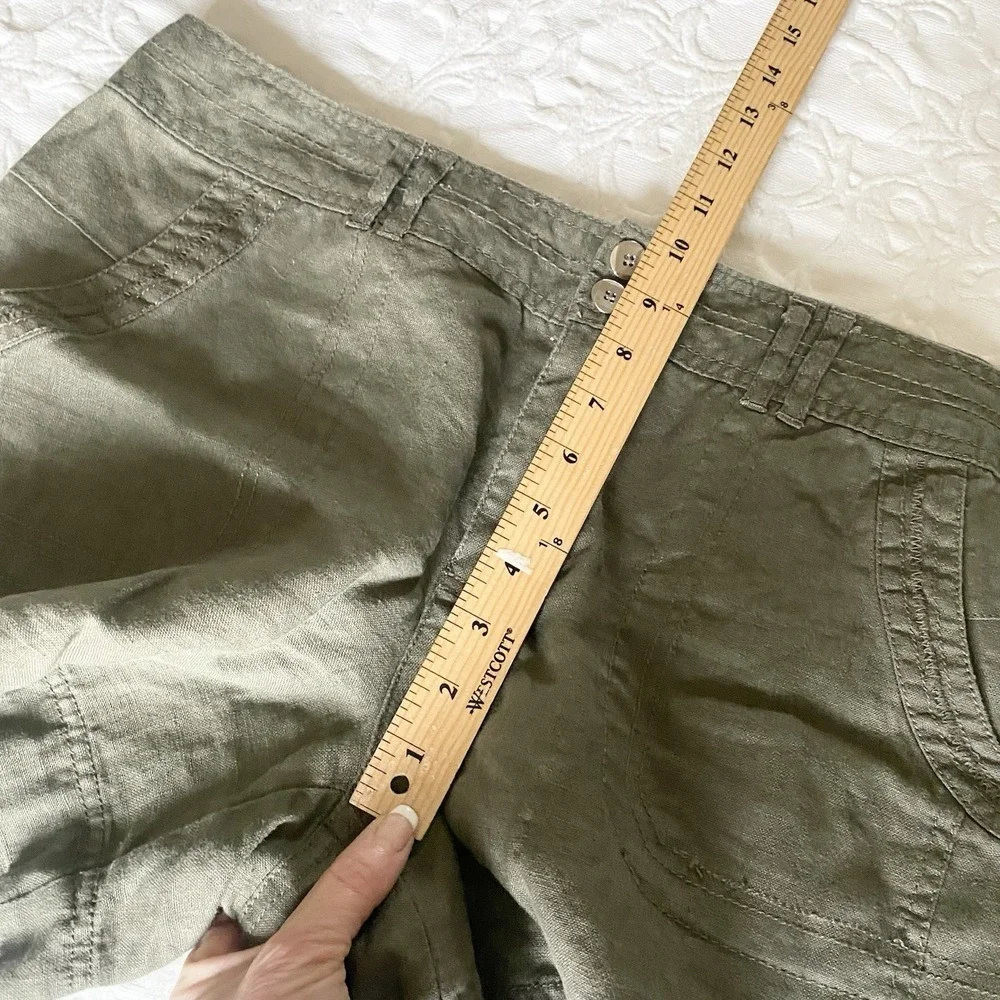 INC International Concepts Women 12 Olive‎ Green 100% Linen Shorts Rhinestone